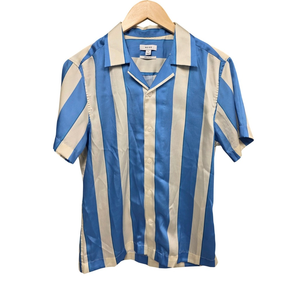 Reiss Virginia Button Up Women S Blue Cream Striped Short Sleeve Satin Top Shirt